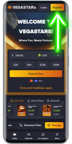 VegaStars Sign Up in the top-right